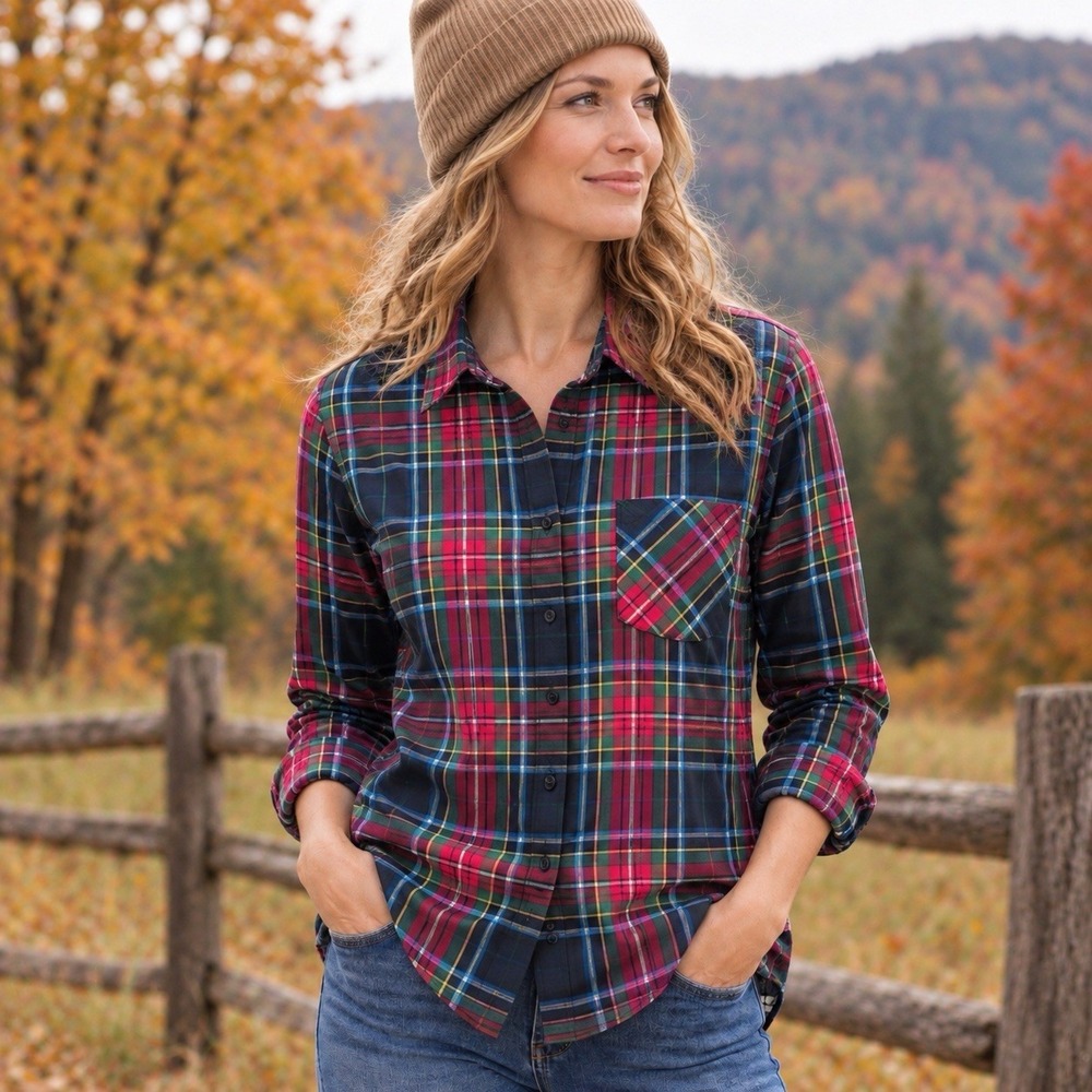 Orvis Womens Size 8 Plaid Button Down Shirt Red Green Navy Preppy Long Sleeve